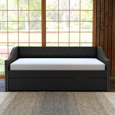 Manchester Upholstered Daybed with Pull Out Trundle, Twin Size, Tufted Backboard,