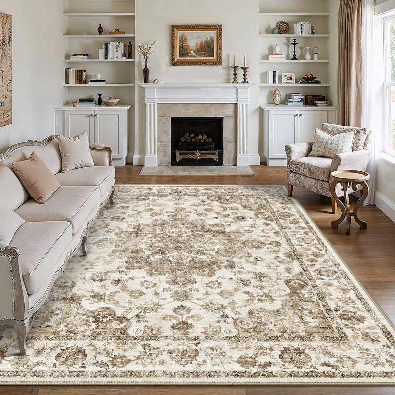  Kitty Washable Vintage Brown Area Rug with Non-Slip Backing for Living Room, Rectangle 8' x 10'