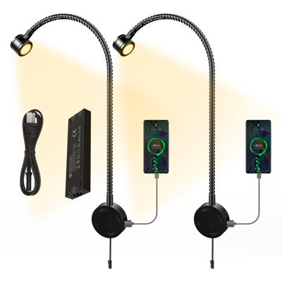 Luminaire de chevet flexible à col de cygne, luminosité réglable avec ports de charge USB / Type-C, tourne-disque homologué ETL