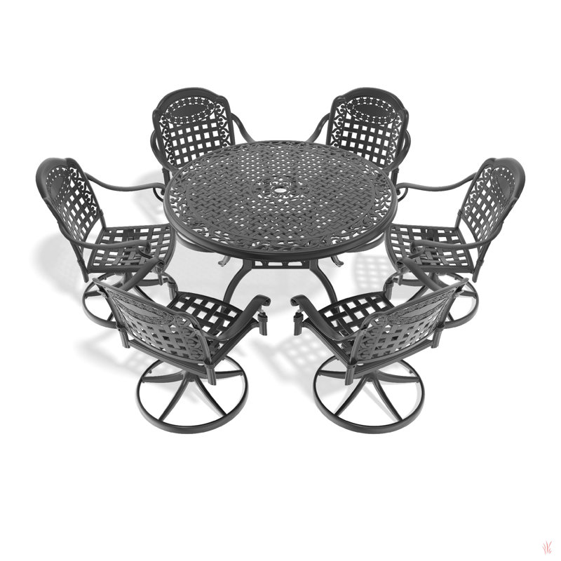 Cet ensemble de salle à manger en fonte d'aluminium toutes saisons comprend des chaises pivotantes et une table ronde avec cadre noir