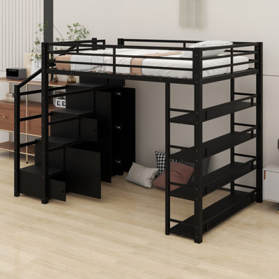 Elevated Sleep Station Featuring Built-In Shelving, Cabinet Storage, and Clothes Wardrobe