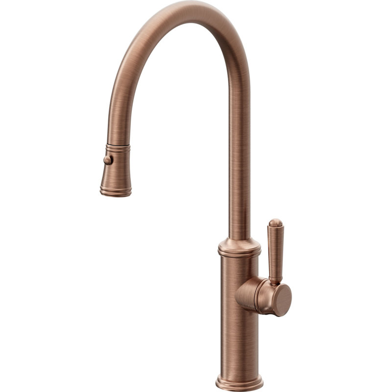 Davoli Pull-Down Kitchen Faucet with Button Sprayer - High Arc Spout, Antique Copper Flat