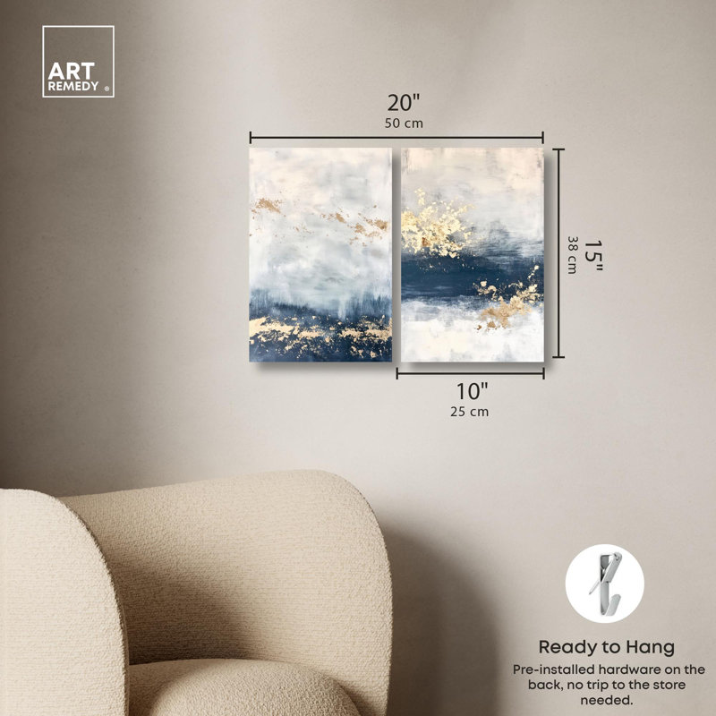 «Gilded Coastal Calm Blue Art», ensemble de 2 impressions sur toile par , H 15 po x l 10 po, Toile tendue, Ne s’applique pas