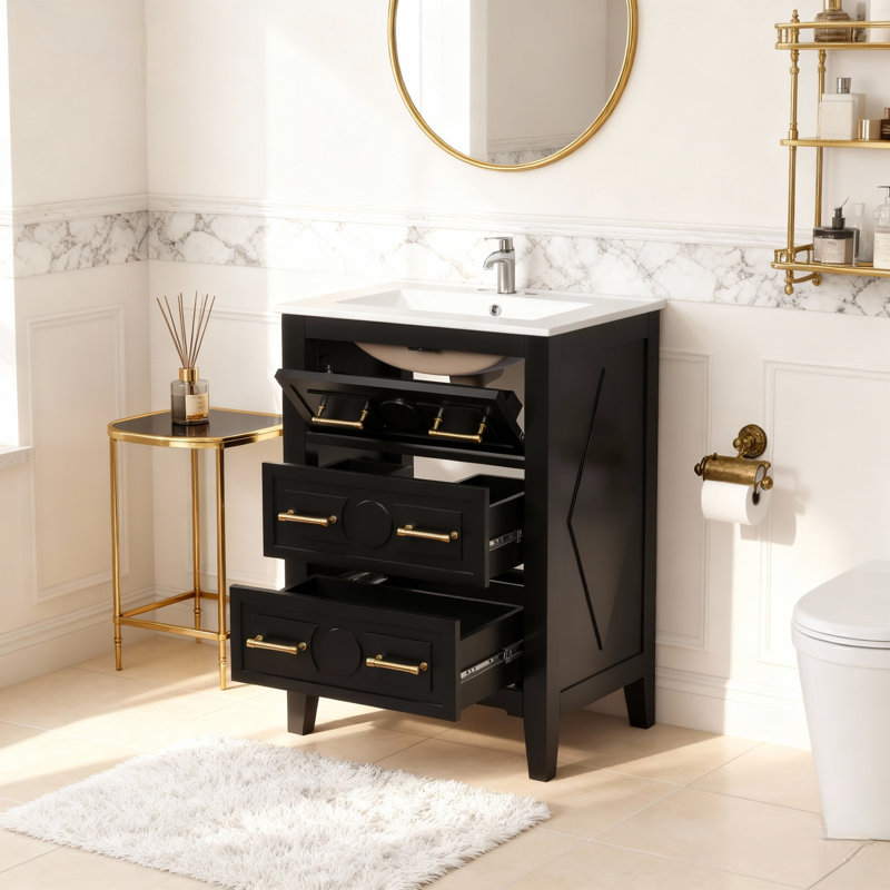 Armoire de rangement autoportante avec lavabo et tiroirs, Noir