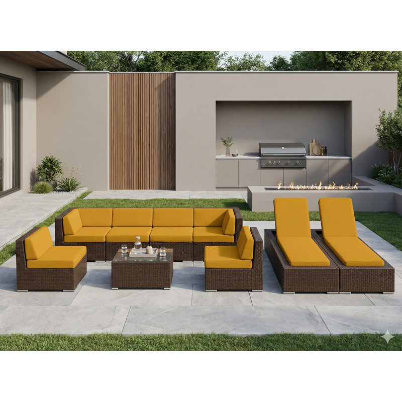 Ensemble de conversation modulaire en rotin avec coussins 9 pièces Barna - aucun assemblage requis, Brun foncé