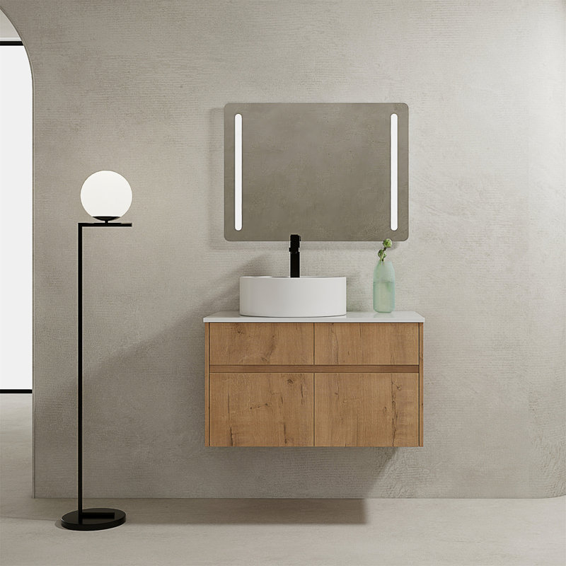 Meuble-lavabo mural contemporain avec lavabo d'art en céramique et rangement à fermeture en douceur