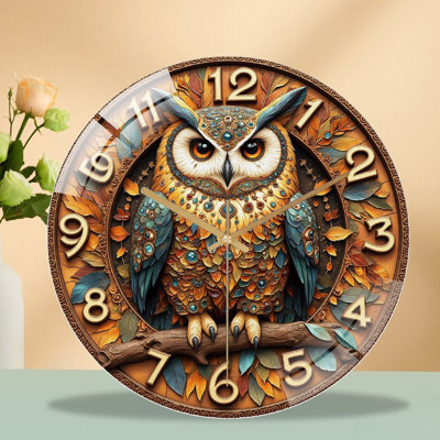 Owl Decorative Clock Art - 12'' Modern Glass Wall Clock