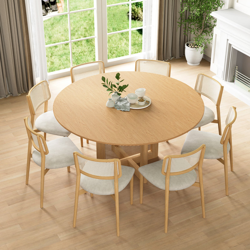 Round Solid Wood Dining Table with Rattan Pedestal, Natural Wood, 30"H x 60"L x 60"W
