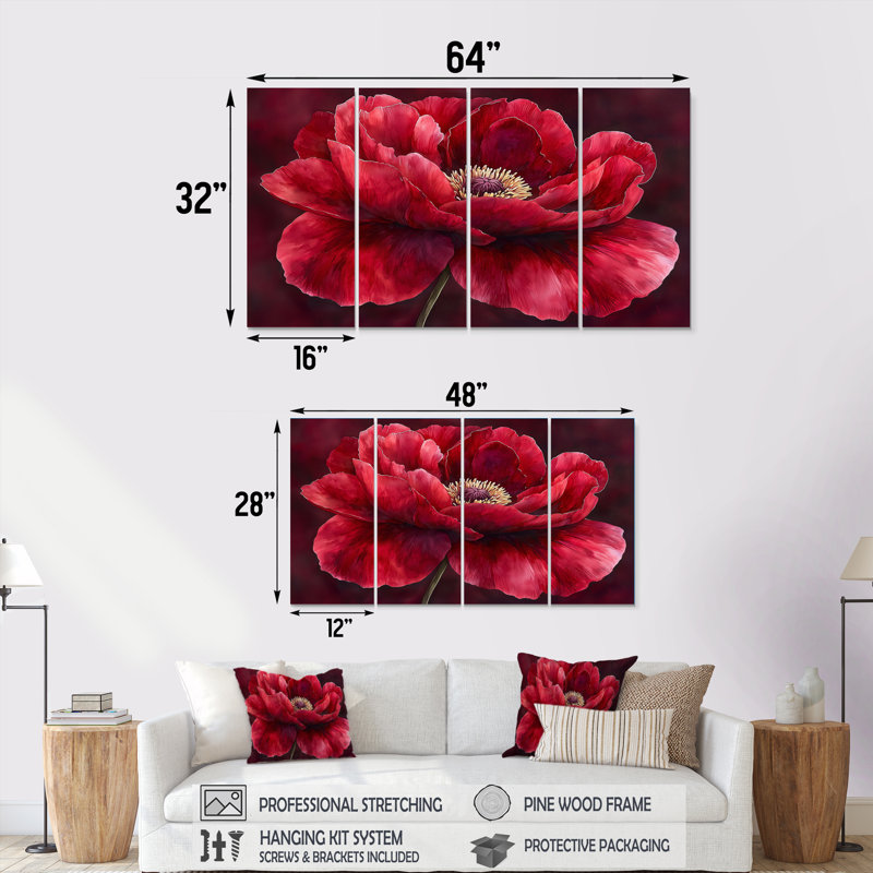 Velours bourgogne pivoine douce symphonie II - pivoines, art mural - ensemble d'art mural Traditi, H 28 po x l 48 po, 4