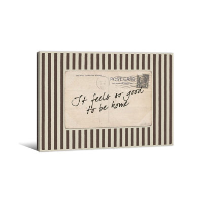 Vintage Postcard Wall Art - It Feels So Good To Be Home Striped Typography Cozy Sentimental Canvas Decor Neutral Rustic Retro Home Quote Poster Brown Ready To Hang 12X16in Wrapped Framed