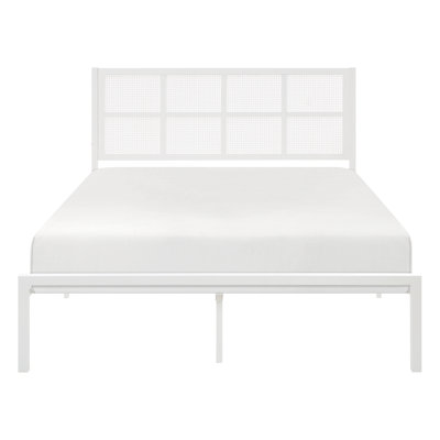 Eastern King Platform Bed With Metal Frame, White, Faux Cane Headboard For Bedroom Style Bed, Metal, White Finish,