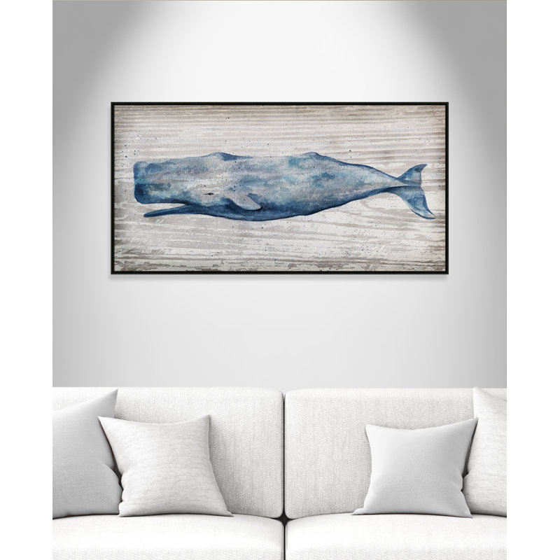 Baleine bleue Brannen - reproduction de cadre photo, H 31,5 po x l 61,5 po, Toile avec cadre flottant, Noir