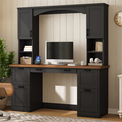 ON-TREND Farmhouse Arched Computer Desk with Hutch, Mid-Century Walnut Home Office Workstation with Charging Station & Keyboard Tray, All-in-One Writi