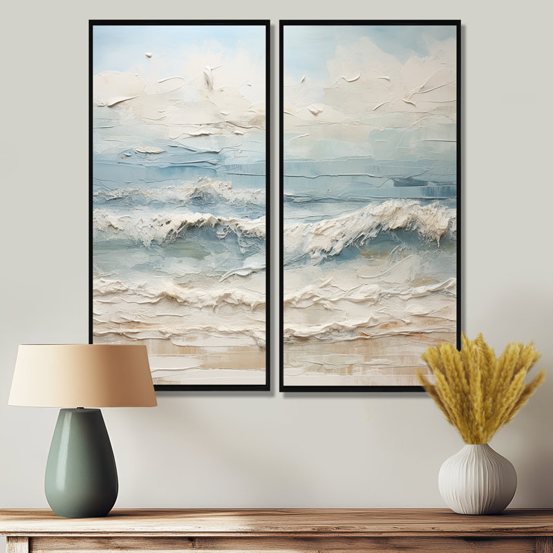 Peinture de bord de mer beige et bleue - art mural nautique beige 2 pièces, H 40 po x l 40 po, Noir
