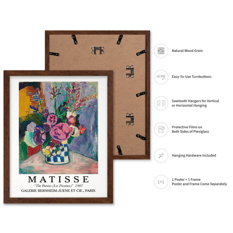 Henri Matisse - Les pivoines, H 24 po x l 32 po, Affiche, Encadrement brun