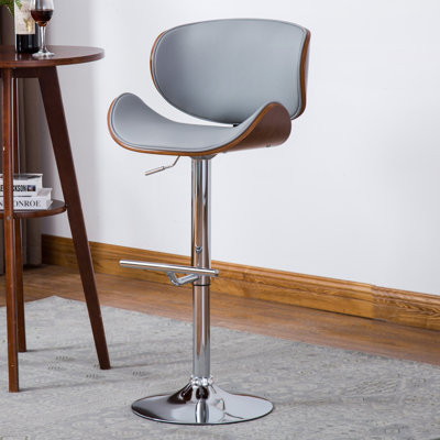 Modern Contemporary Swivel Walnut Bentwood Lift Adjustable Height Bar Stool with Curved Seat and Back (Gray)