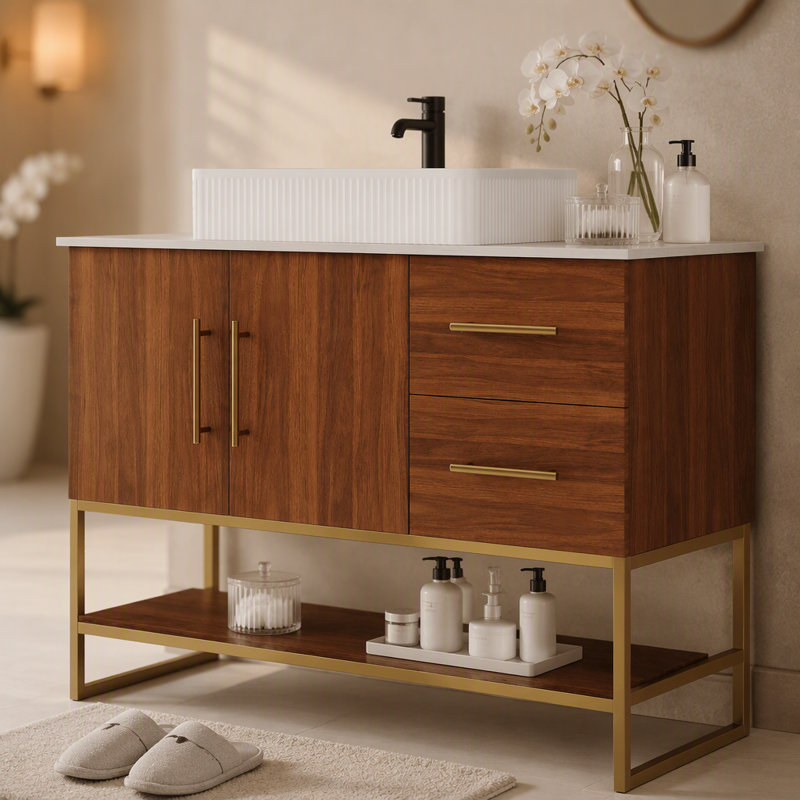 Meuble-lavabo moderne de 36 po avec lavabo vasque en céramique, armoire d'appoint dorée, Rectangle, Brun
