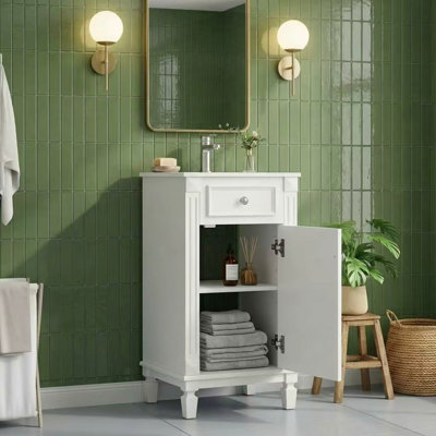 18" French Country Single Bathroom Vanity with Integrated Ceramic Top and Storage Cabinet