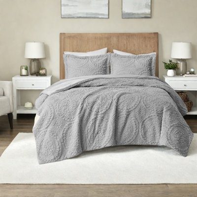 Elegant Grey Ultra Plush Bedding Set, Faux Fur Comforter With Medallion Design