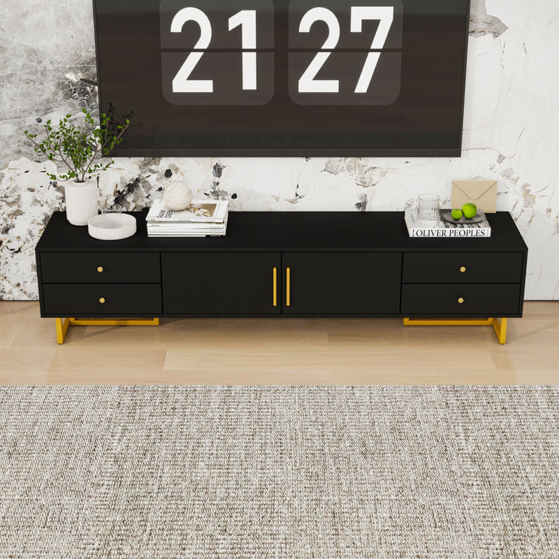 TV Stand with Cabinets, Drawers, Cable Holes and T-shaped Legs, Black