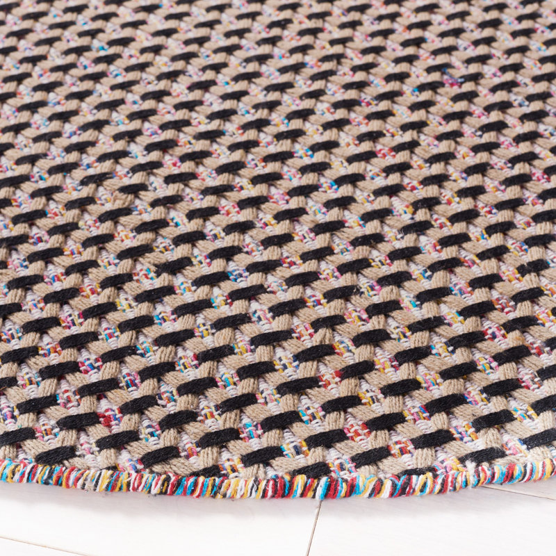Avril Striped Handmade Flatweave Cotton Beige/Black Area Rug, Round 6'