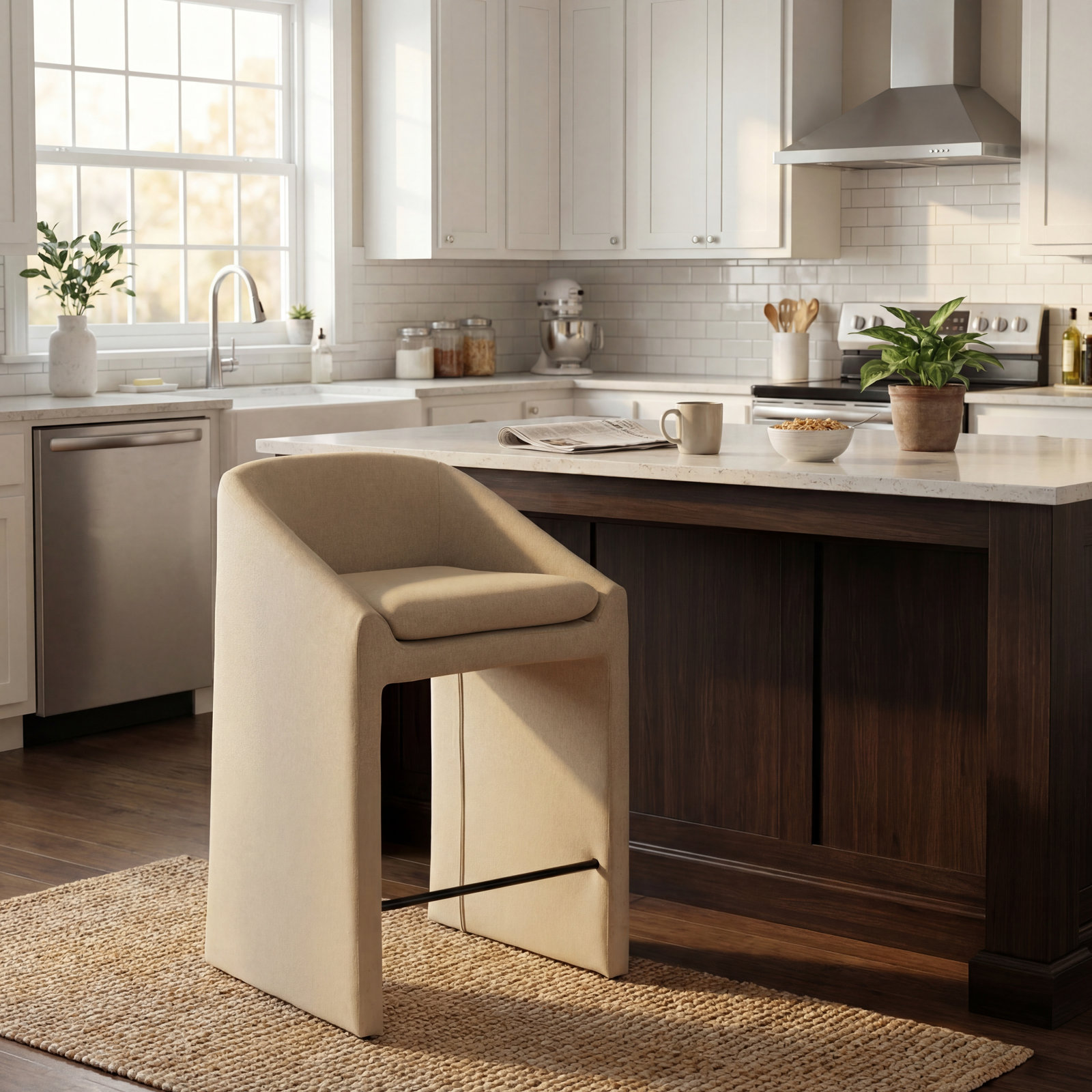 Neutral Upholstered Bar Stool, Beige