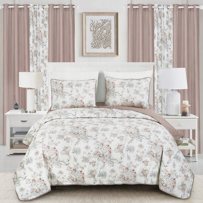 Ensemble de couvre-lit 10 pièces en microfibre à imprimé floral avec rideaux assortis au motif floral rétro neutre, grand
