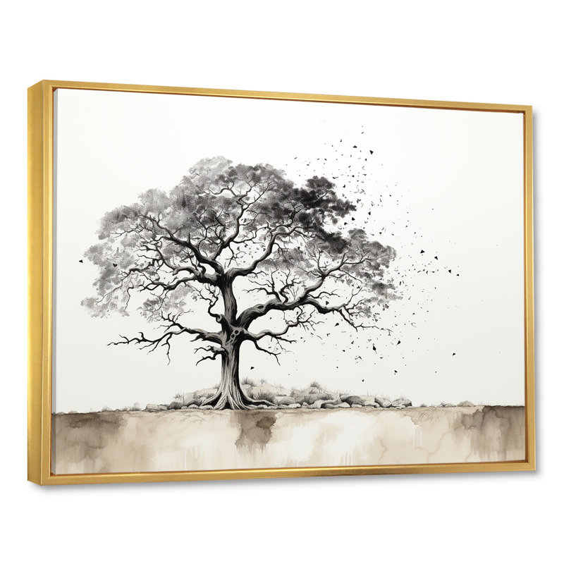 Baobab gris II sur toile, Cadre flottant doré, H 24 po x l 32 po x P 1 po