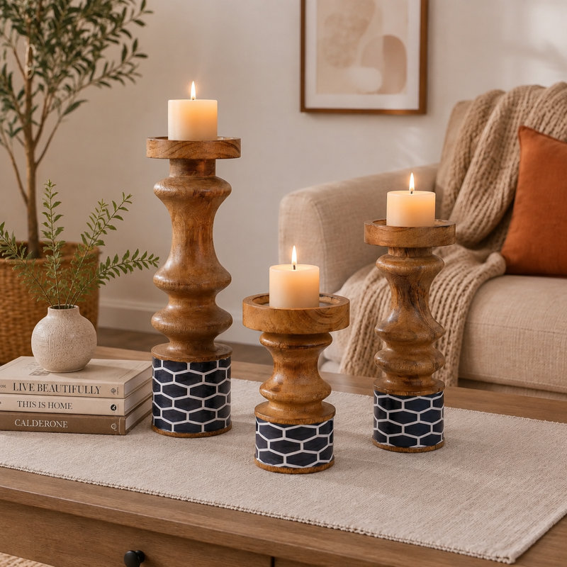  Handcrafted Mango Wood Pillar Candle Holder Set of 3 