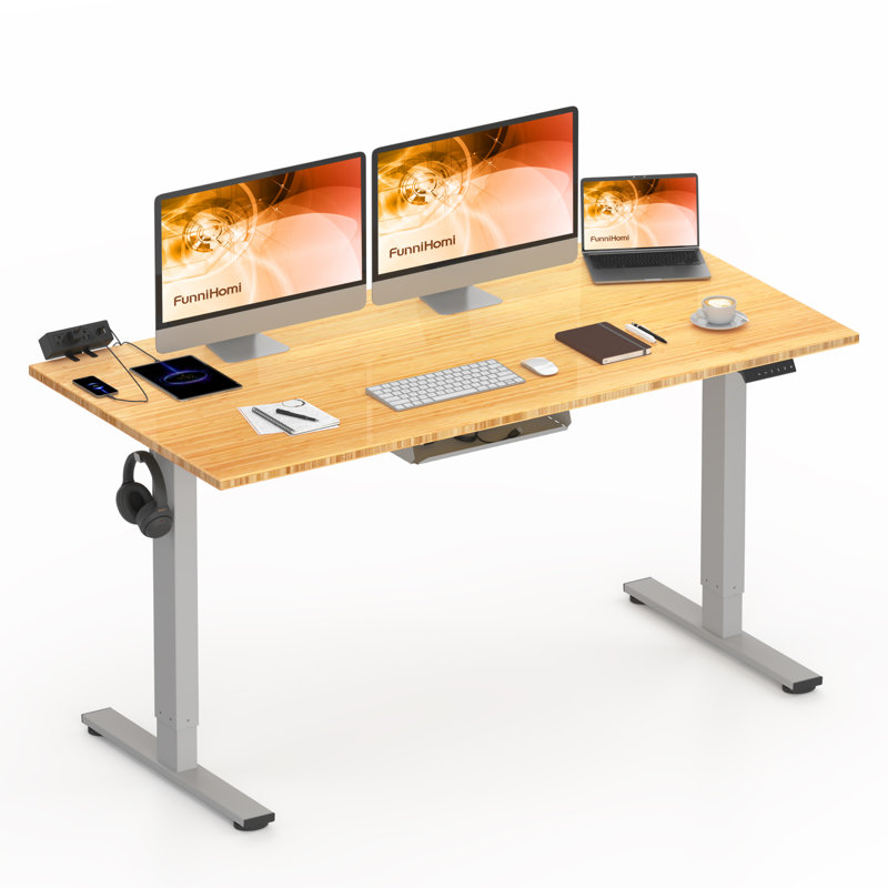 Bureau debout à hauteur ajustable Eric, bureau 100% bambou, H 45,7 po x l 60 po x P 30 po, gris