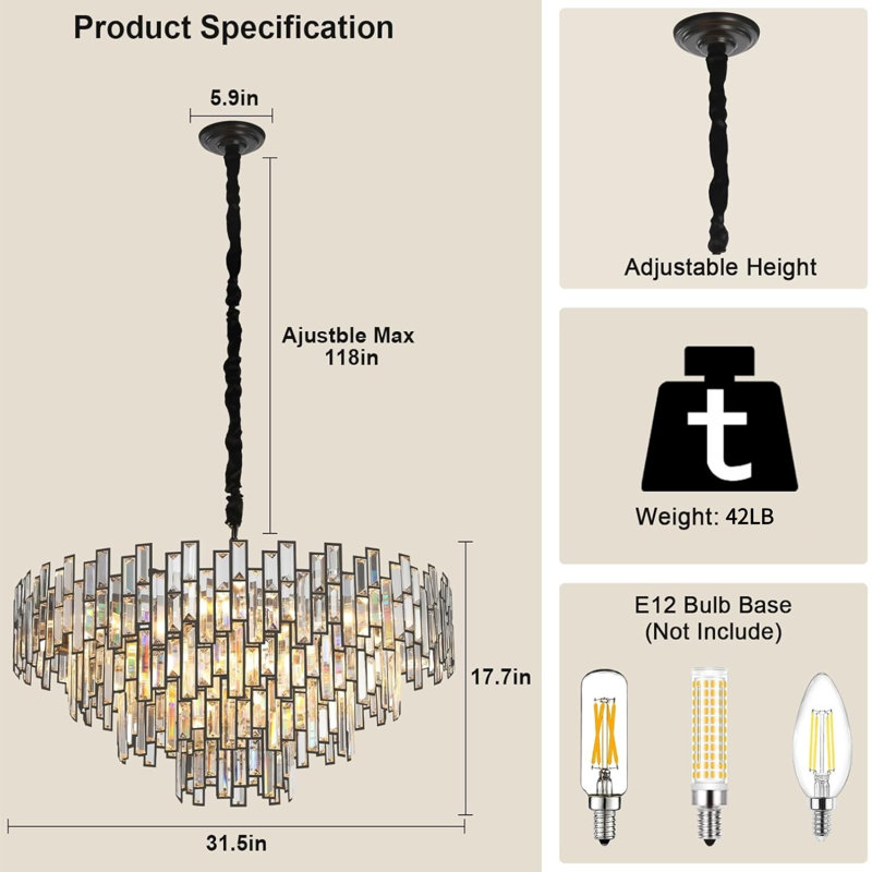 Lustre moderne en cristal K9, H 17 po x l 32 po x P 32 po