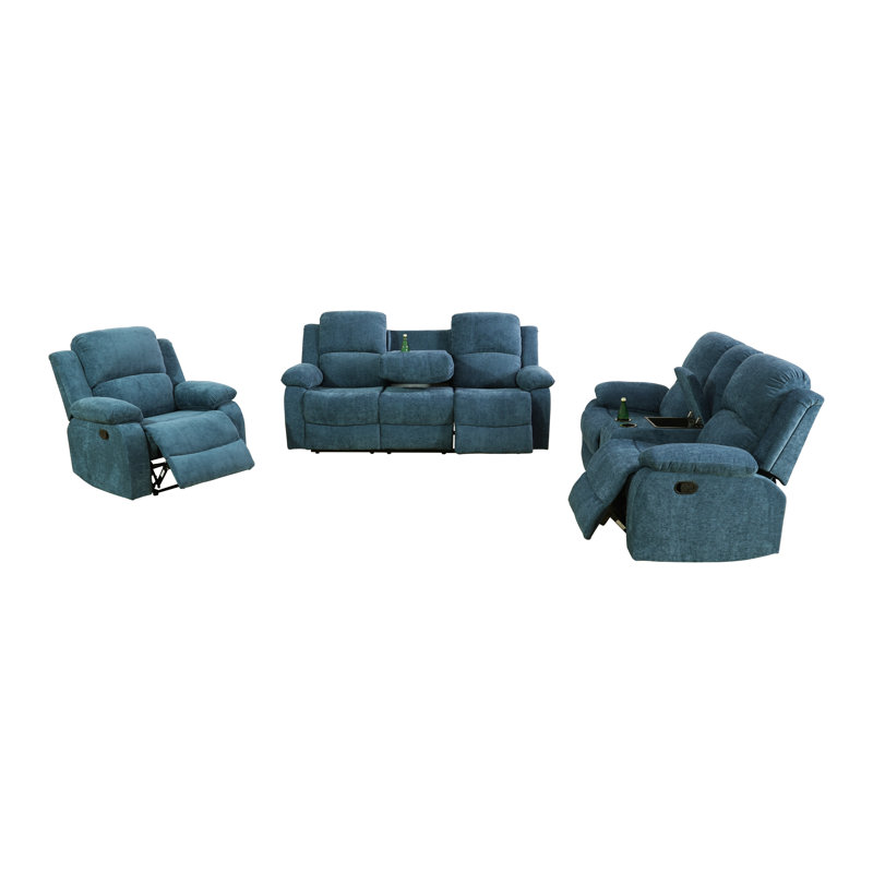 Ensemble de canapé de salon manuel 3 pièces en tissu moelleux bleu clair, Microfibre / microsuède bleu
