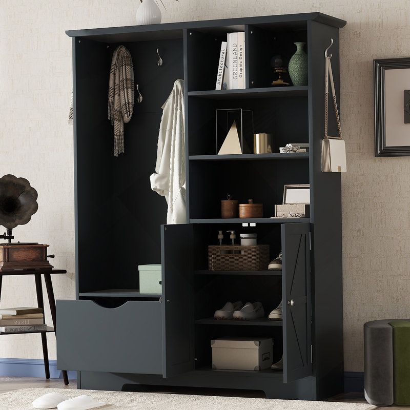 Hall Tree with Storage Bench, Shelves, Cabinets, Drawers, Hooks, Antique Blue