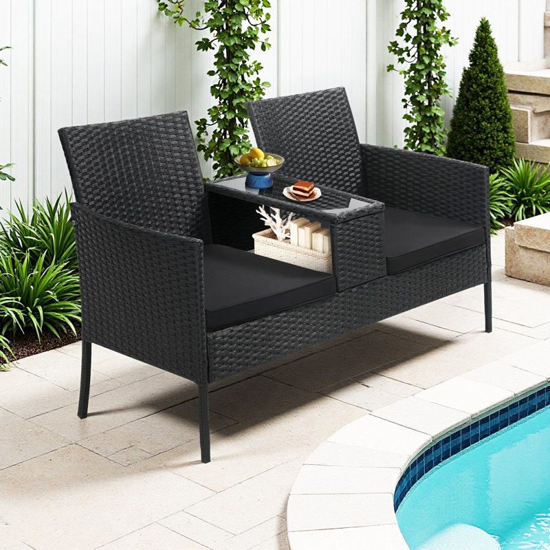 2-Seat Black Wicker Patio Loveseat with Table – Outdoor Rattan Set with Washable Cushion Covers for Backyard, Garden & Lawn
