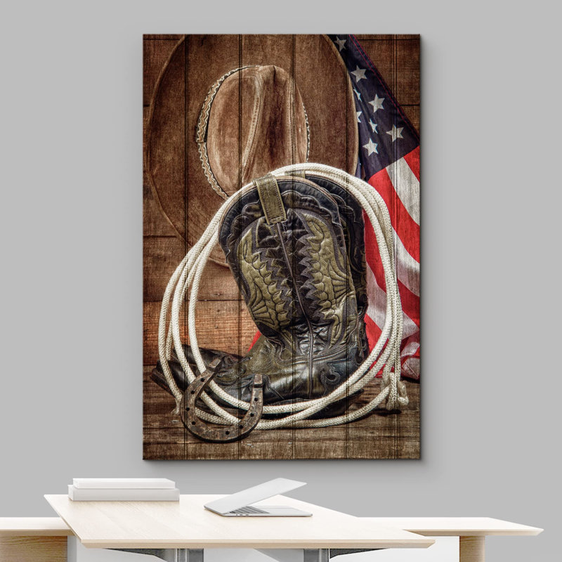 Panneau à effet de bois, botte de cowboy, cheval, lasso, art numérique, ferme rustique, faune, Toile tendue
