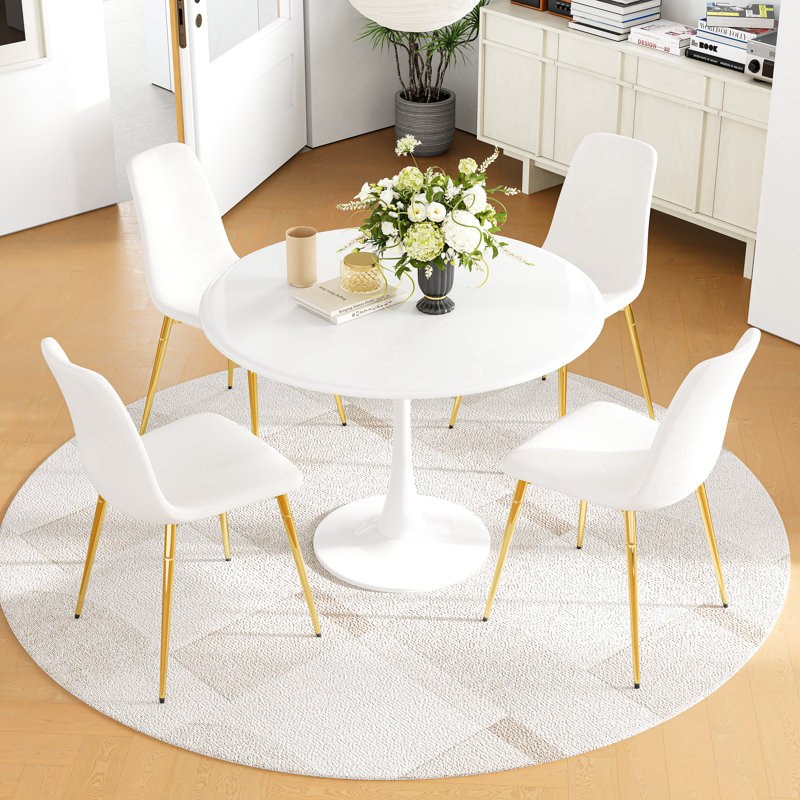 5-Piece Round Metal Pedestal Dining Table With 4 Velvet Dining Chairs, White/Gold, White