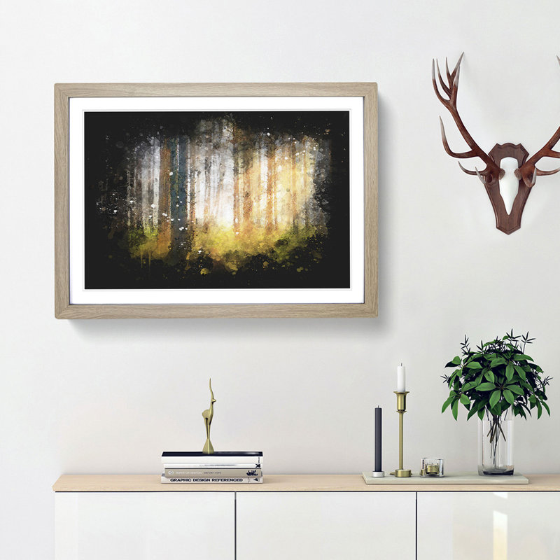 Rays Of Light Through An Autumn Forest Paint Splash - Picture Frame Graphic Art, Oak Framed, 60cm H x 91cm W x 2cm D