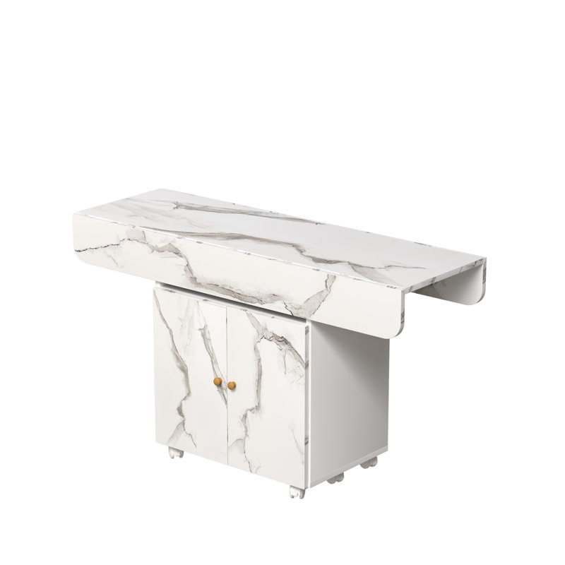 Space Saving 47" Folding Table With White Marble Appearance And Storage Cabinet, 6 Wheels For Convenient Placement Color Table, Drawers, Movable Kitchen Island