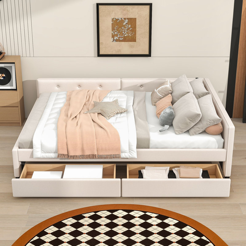 Upholstered Platform Bed with USB and 2 Drawers, Queen