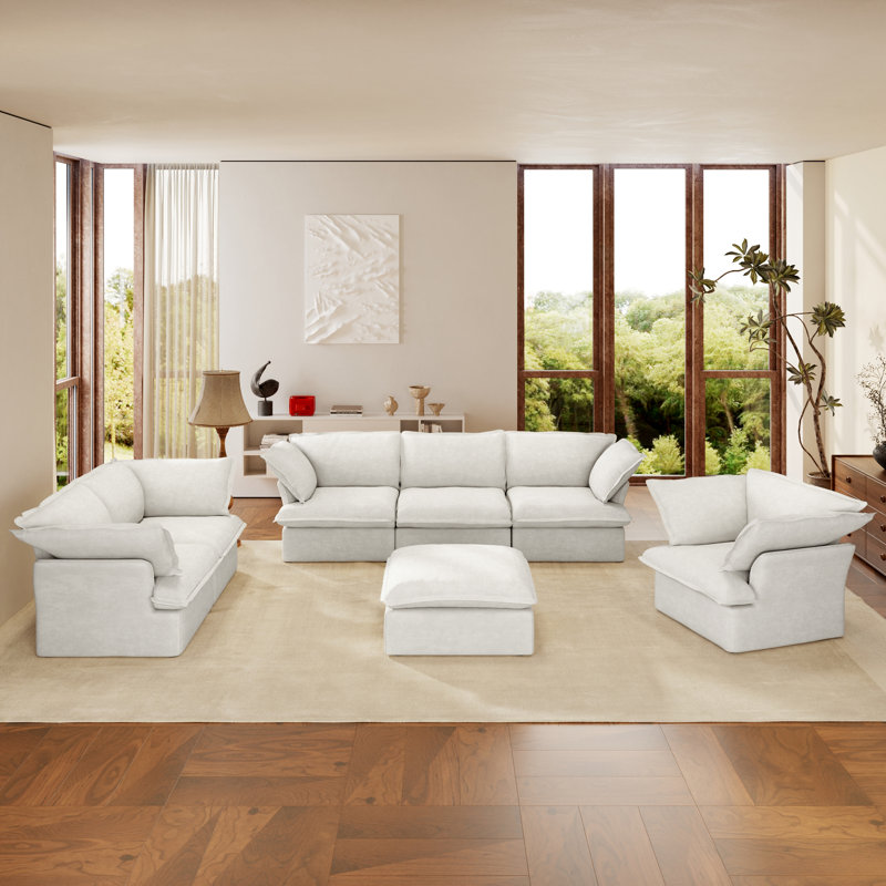 Canapé modulaire modulaire 4 pièces 4 pièces, Mélange de lin de couleur naturelle, Blanc