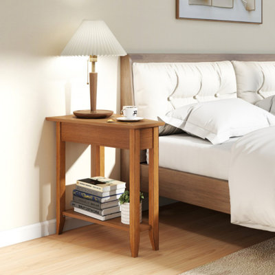 Table de bout étroite à 2 niveaux avec tablette de rangement et pieds en bois massif