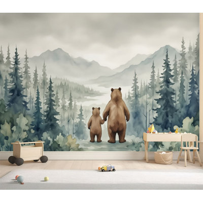 Papier peint adhésif peler et coller forêt vert arbre de montagne boisé pépinière nature animal ours deux papier adhésif de contact amovible pour salon H 69 po x l 96 po