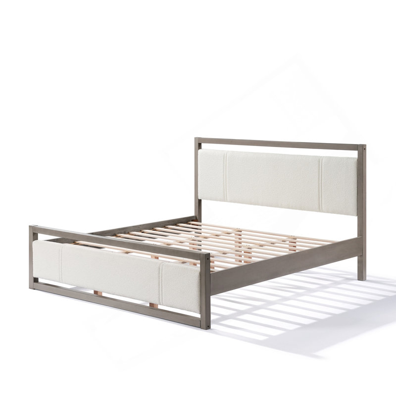 Très grand lit plateforme robuste avec structure en bois, tête de lit à boucles ivoire, confort moderne pour la chambre à coucher