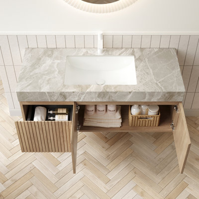 - Style Luxury 48" Bathroom Vanity, Gray Sintered Stone, Ceramic Basin, Floating Plywood Cabinet, 2 Doors And Drawer Stone Doors, 1 Drawer, White Oak Finish, Style, Pre Drilled Overflow Hole