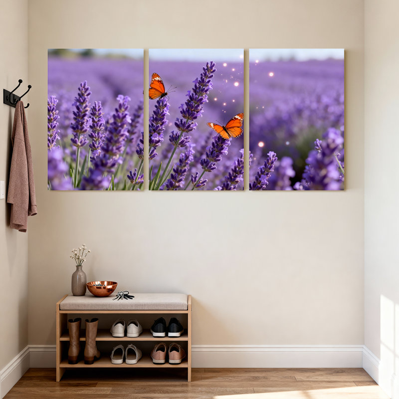 Ensemble de 3 tableaux sur toile représentant un champ de lavande avec des papillons, H 30 po x l 60 po