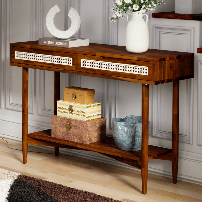  Oliver 47”W Mid-Century Wood Console Table with 2 Drawers, Walnut