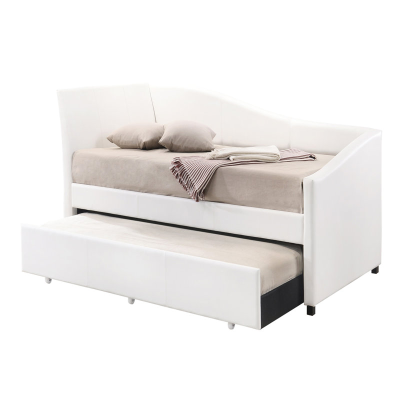 Lit de jour rembourré blanc avec lit gigogne - Système de support de matelas moderne, spacieux et fonctionnel