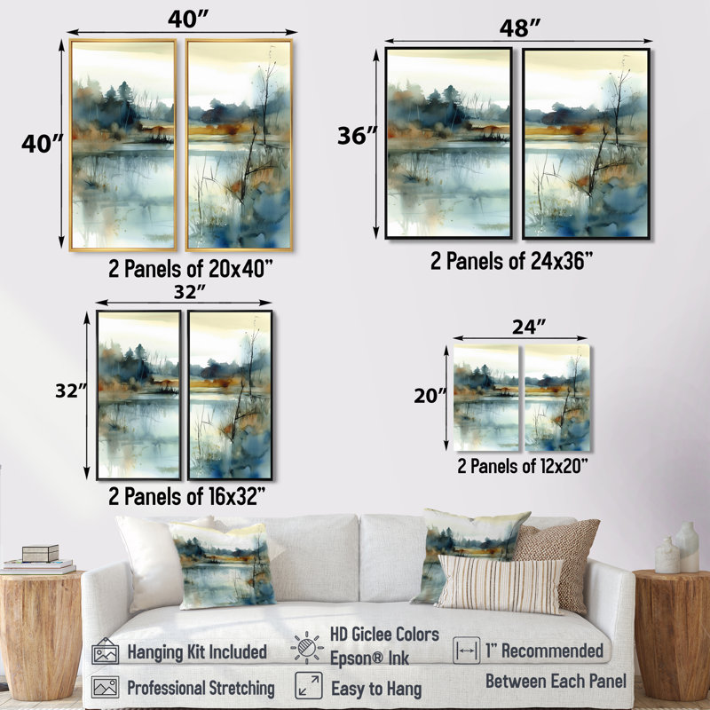 Summer Lake Landscape Illustration II - Lake House, reproduction d'art sur toile, Noir, H 36 po x l 48 po