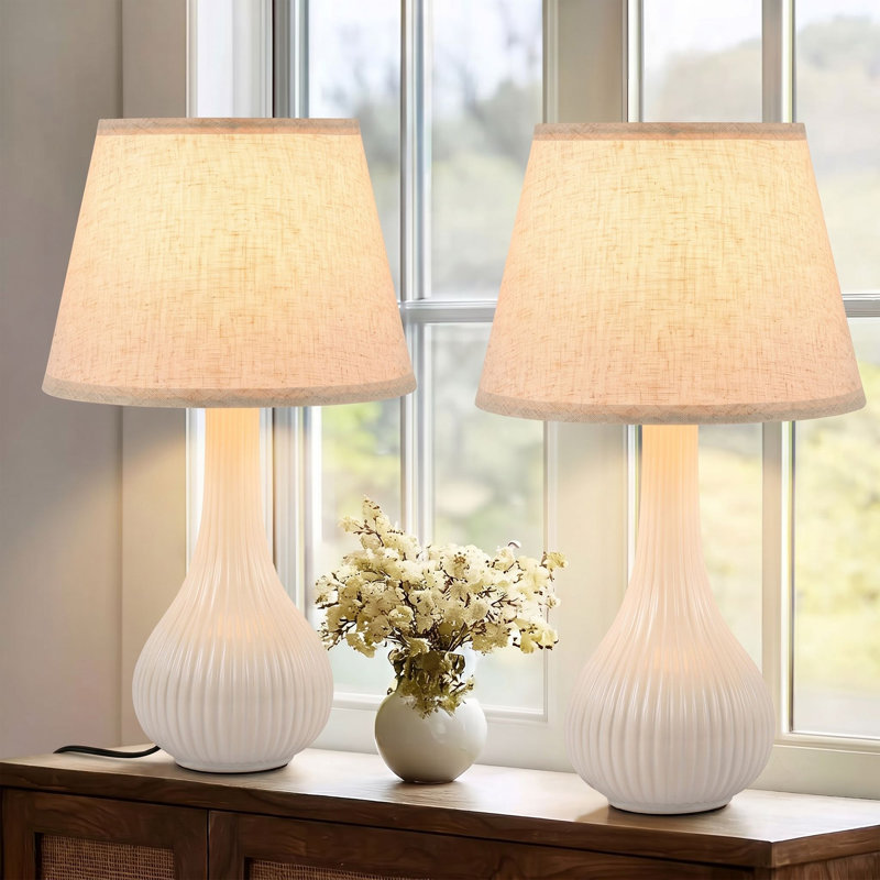 Ensemble de 2 lampes de table en céramique avec abat-jour en tissu de lin, lampes de chevet modernes pour le salon de la chambre à coucher