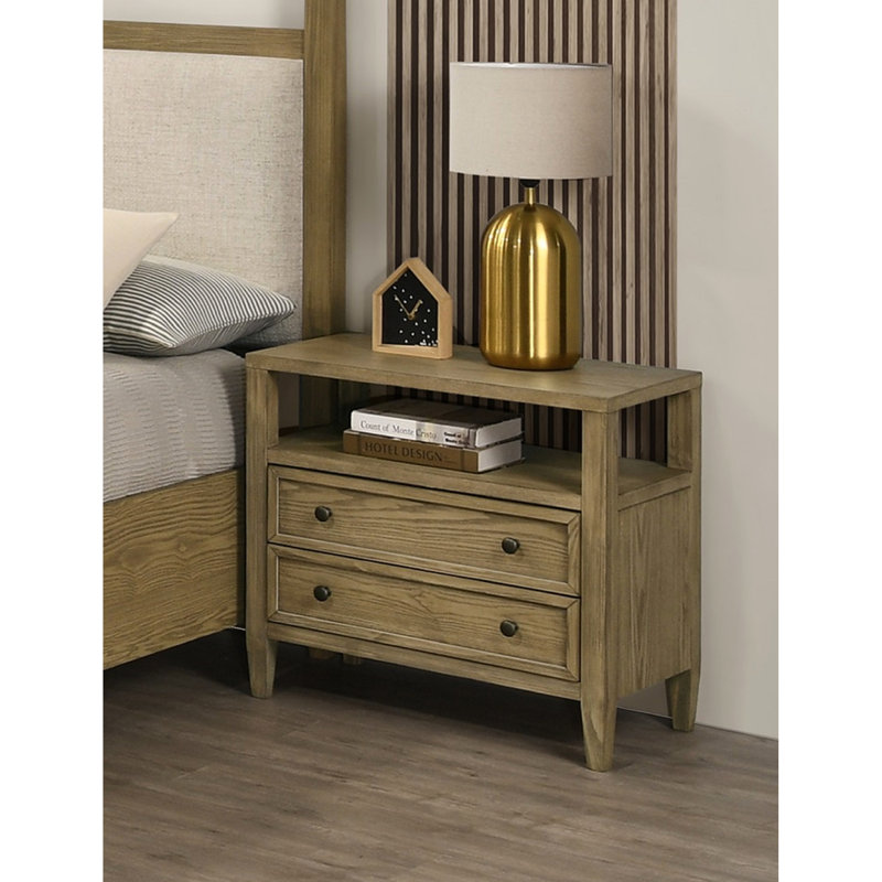 Table de chevet rustique beige / beige pour chambre à coucher, 2 tiroirs, tablette ouverte, bois massif, structure stable et 2 chambres à coucher avec structure beige foncé